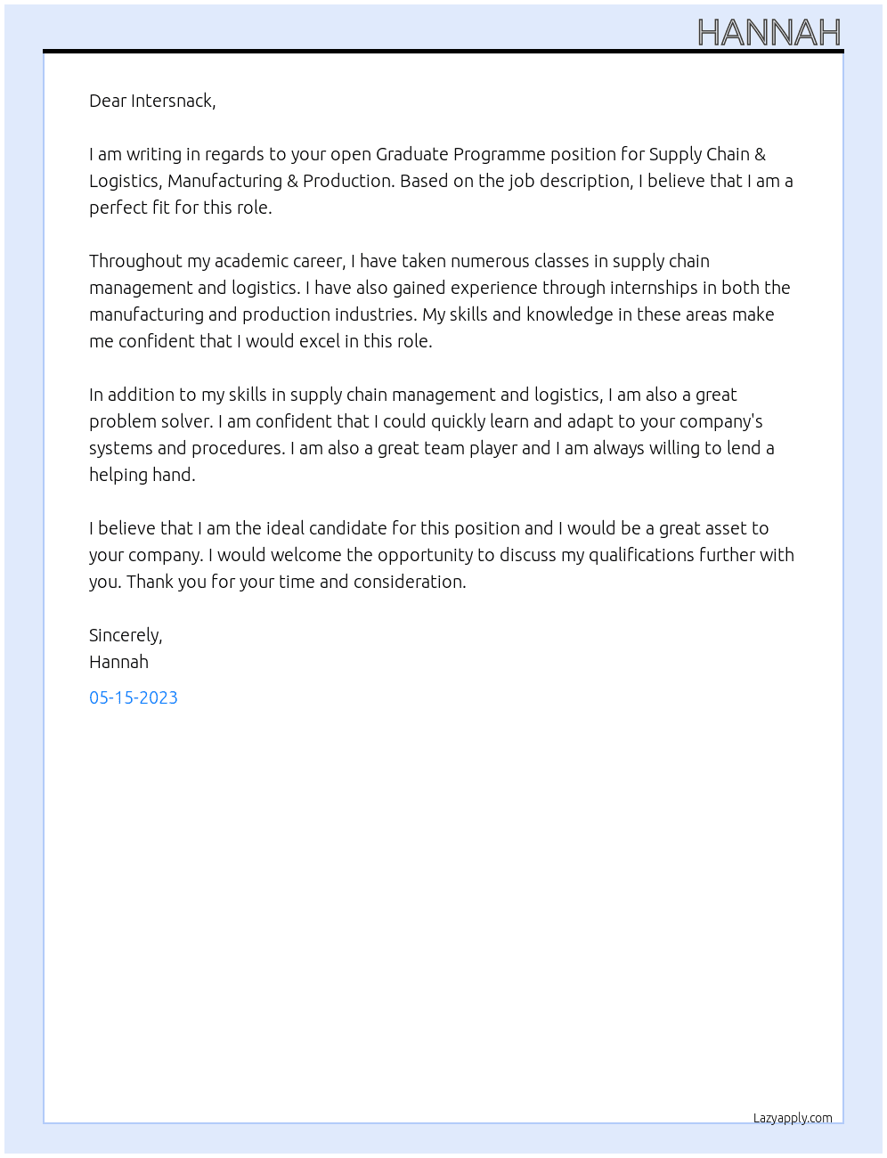 Graduate Programme - Supply Chain & Logistics, Manufacturing & Production At Intersnack Cover Letter