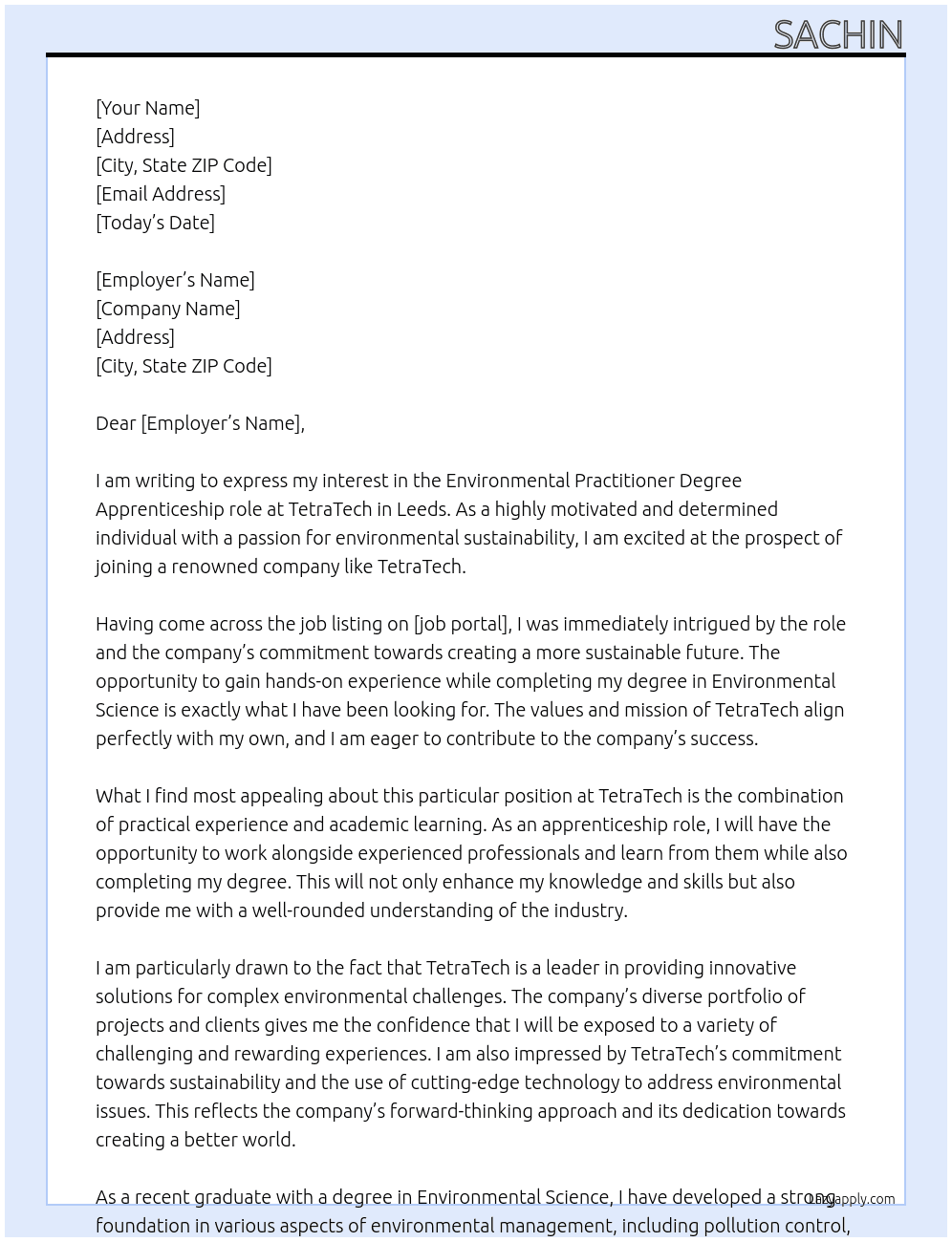 Environmental Practitioner Degree Apprentic At Tetratech Cover Letter