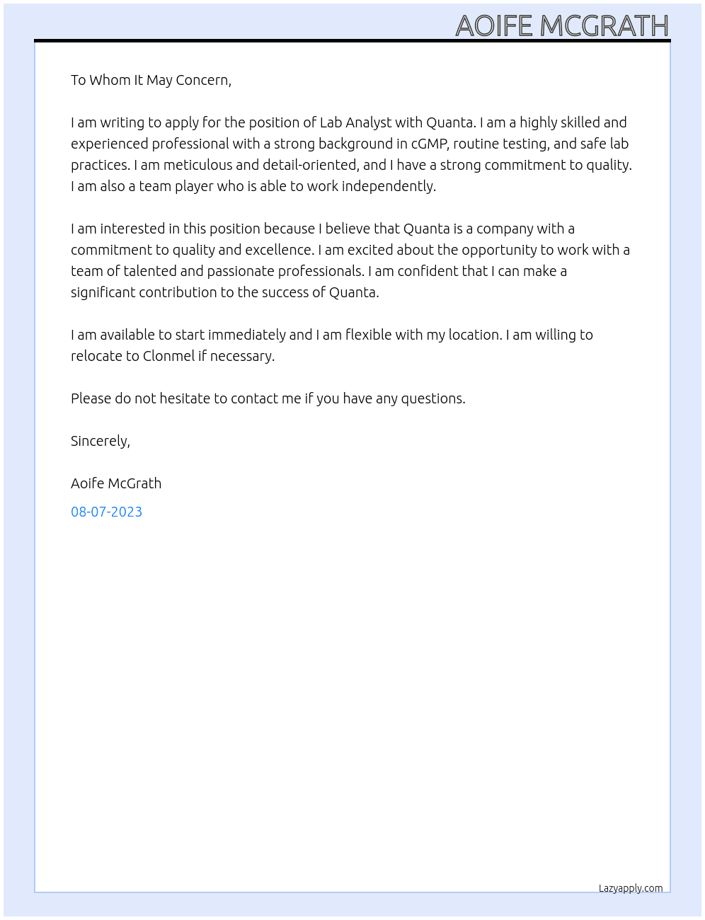 lab analyst At Quanta Cover Letter