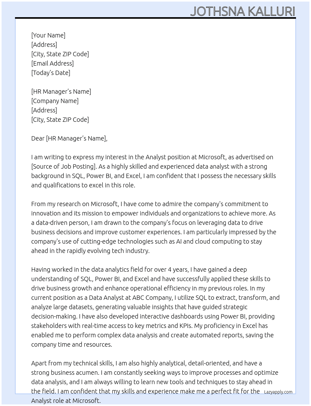 analyst At Microsoft Cover Letter