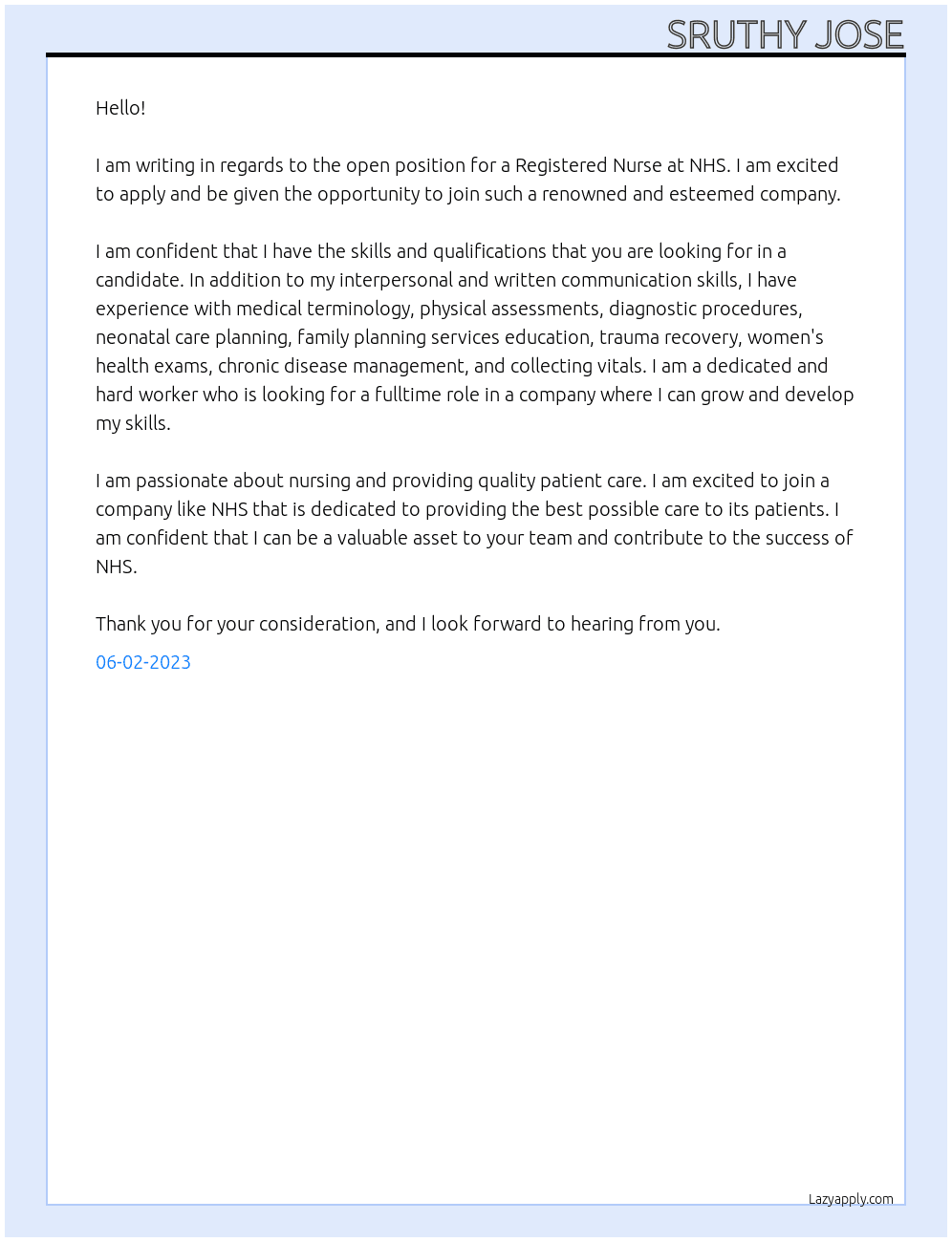 Registered Nurse At NHS Cover Letter