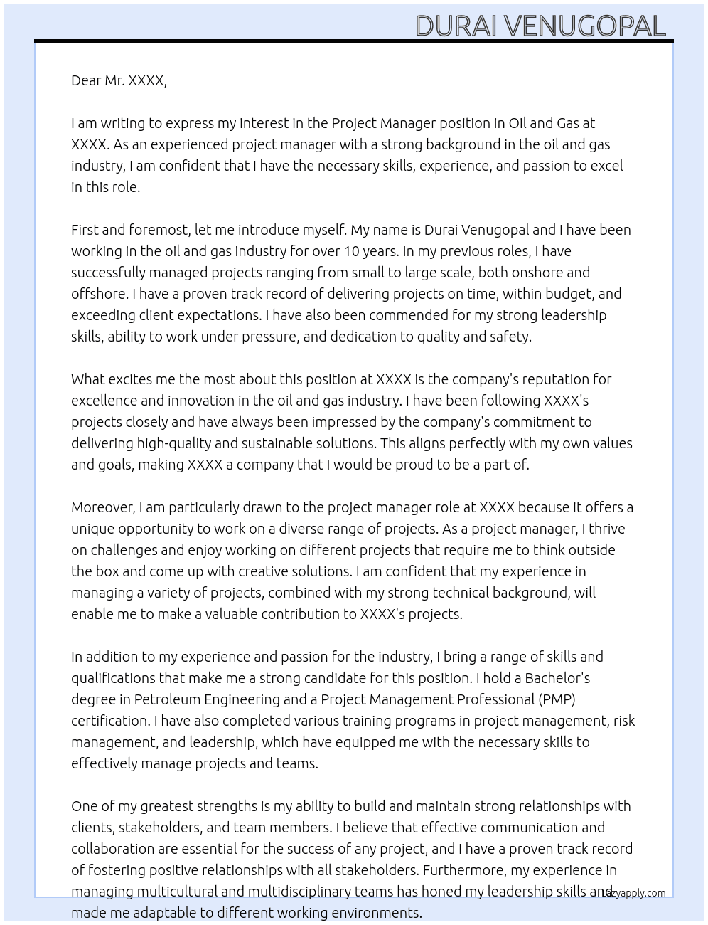Project manager in Oil and Gas At XXXX Cover Letter