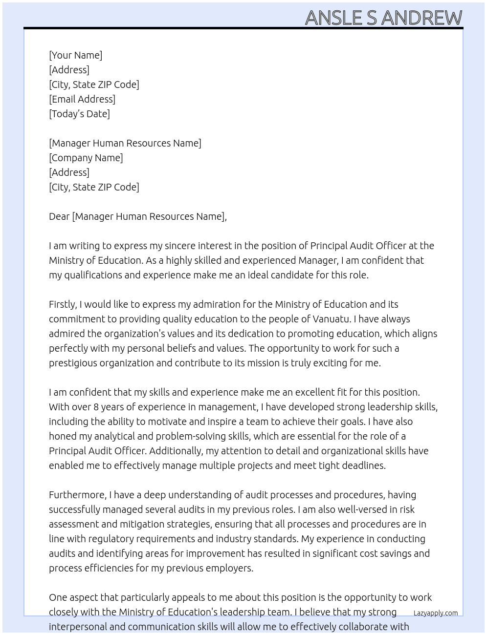 Principal Audit Officer At Ministry of Education Cover Letter