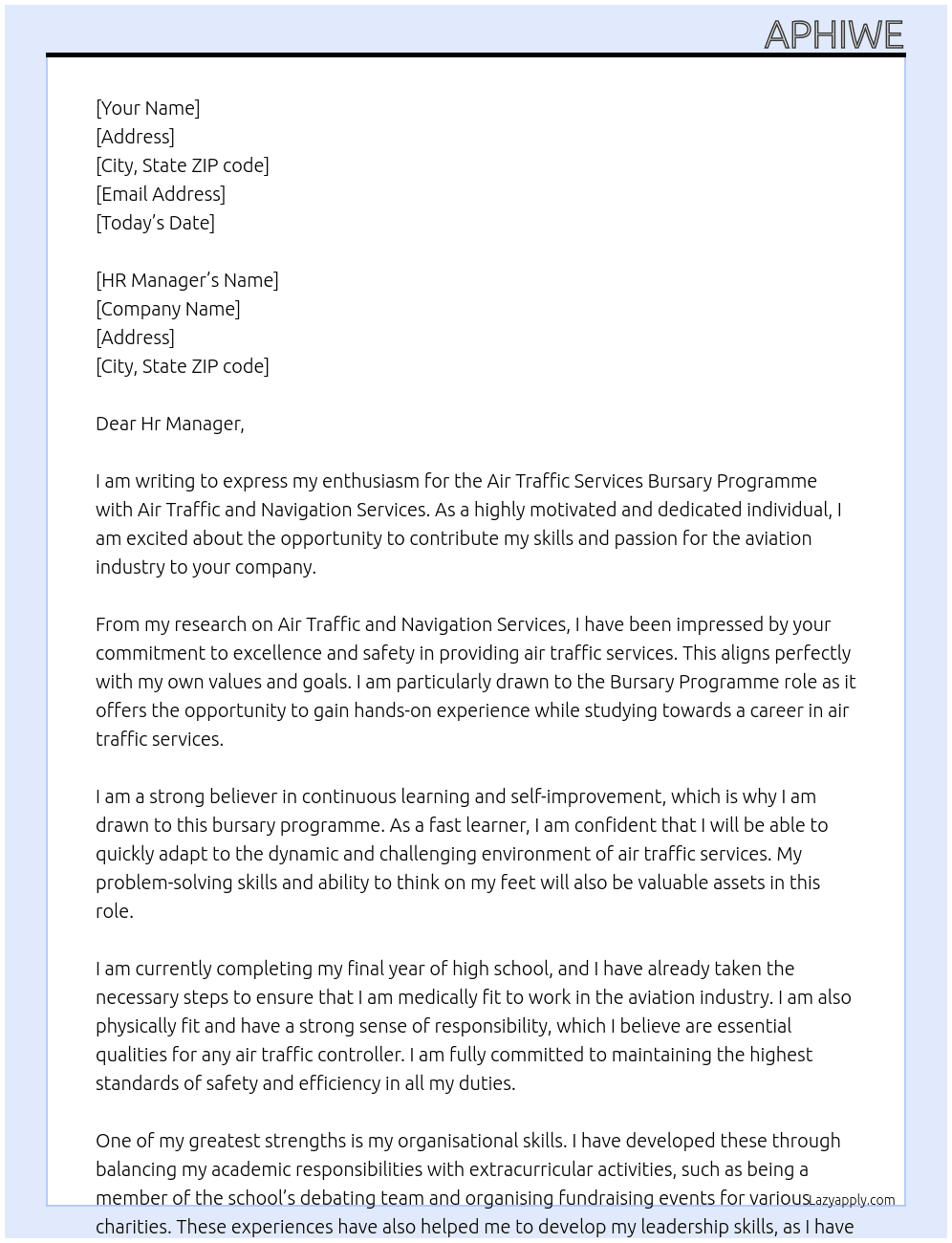 Air Traffic Services Bursary Programme At Air Traffic and Navigation Services Cover Letter