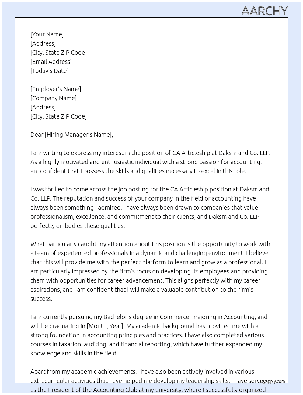 Ca articleship At Daksm and co.llp Cover Letter