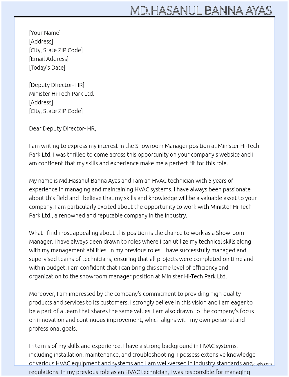 Showroom Manager  At Minister Hi-Tech Park Ltd. Cover Letter