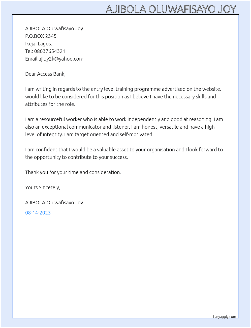 Entry Level Training Programme  At Internship training  Cover Letter