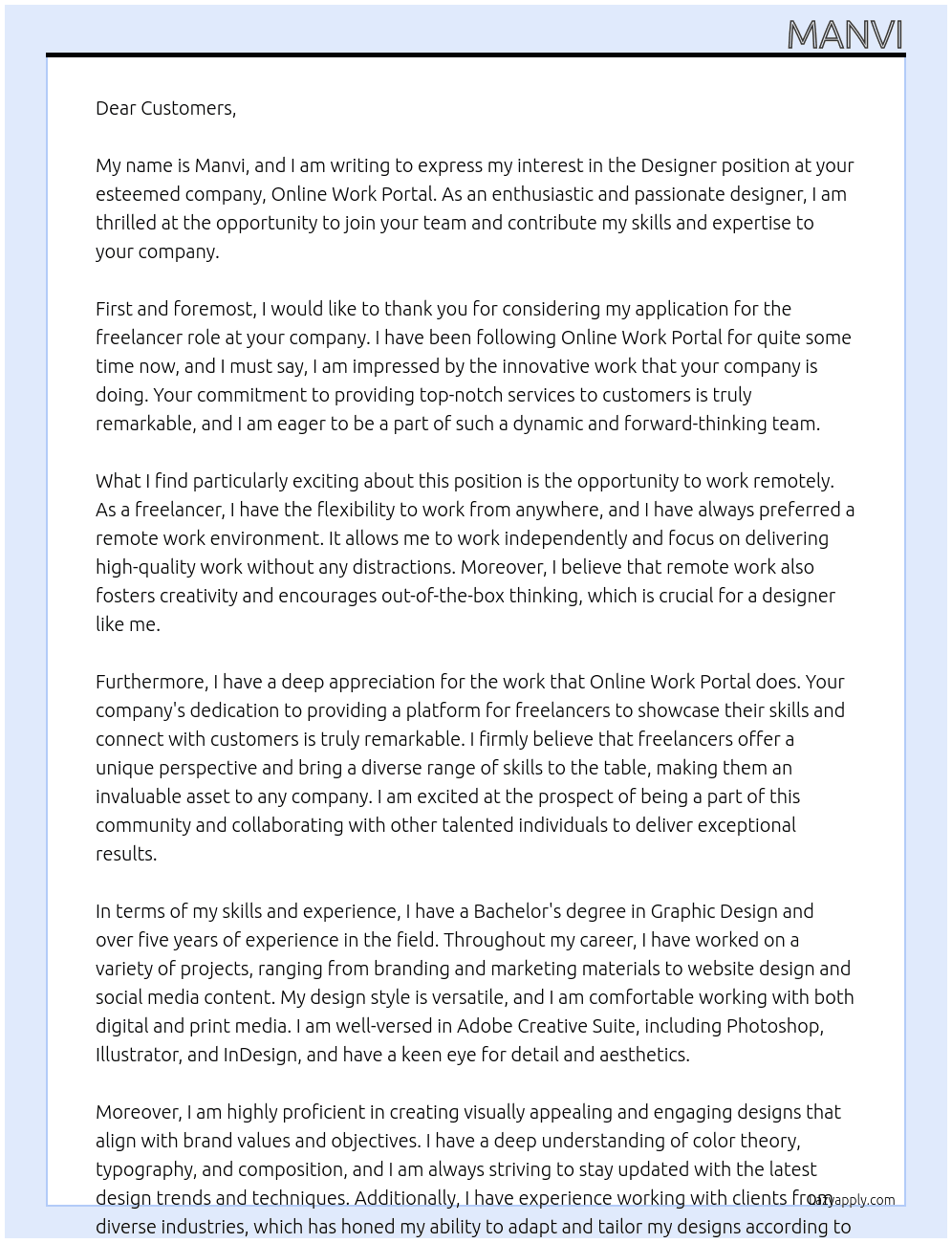 designer At online work portal Cover Letter