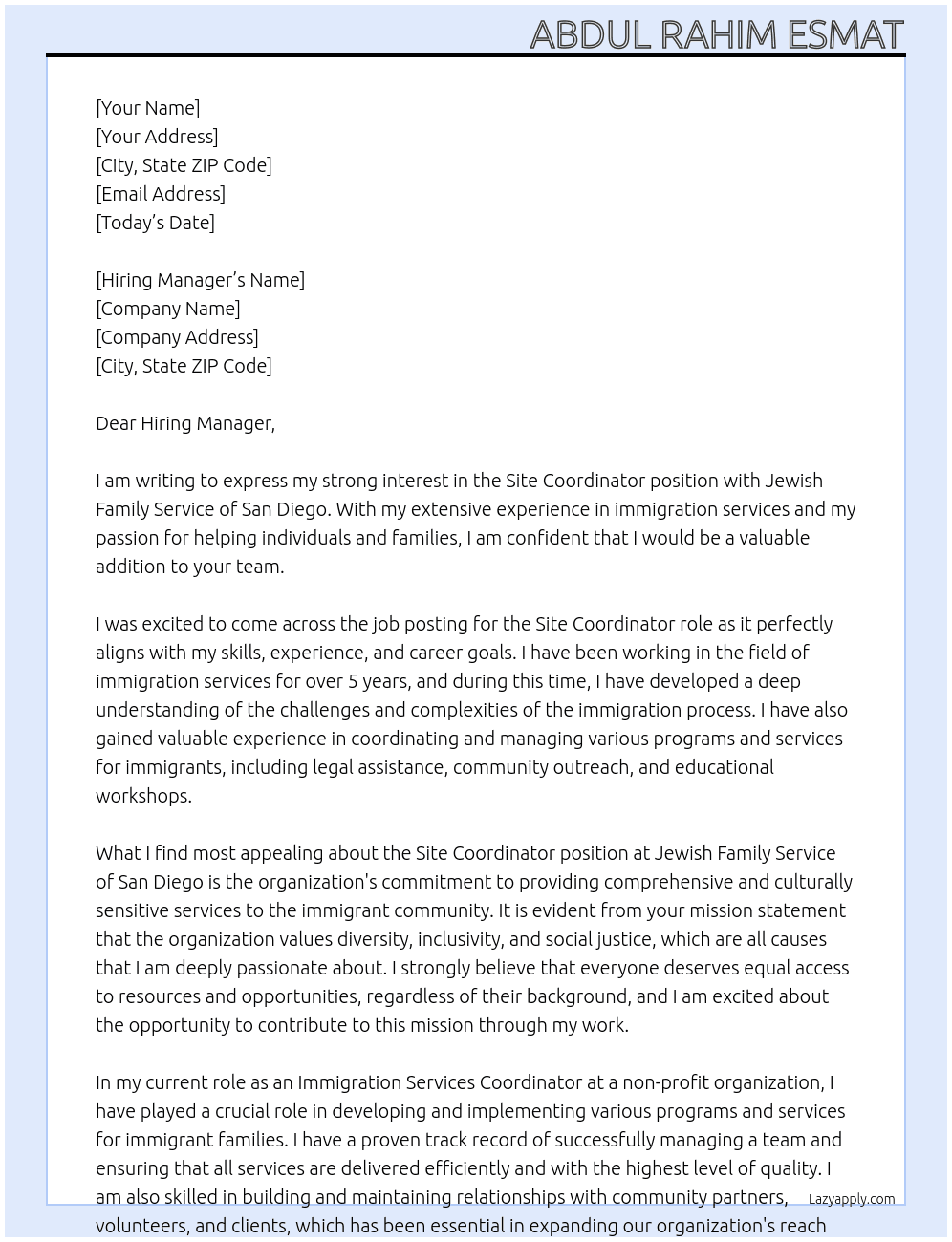 Site Coordinator, Immigration Service  At Jewish Family Service of San Diago Cover Letter