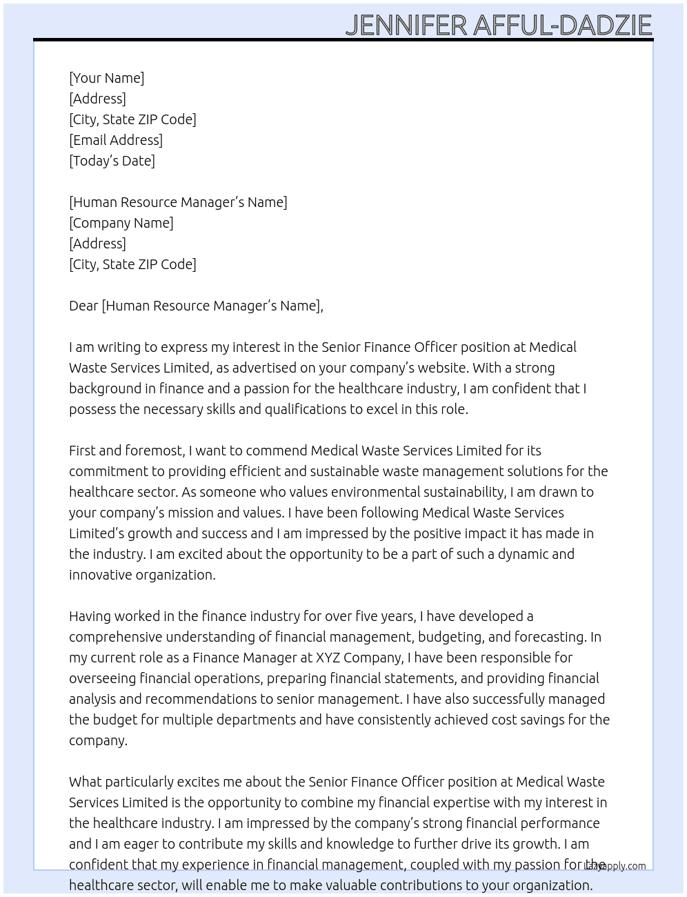 Senior Finance Officer At Medical Waste Services Limited Cover Letter