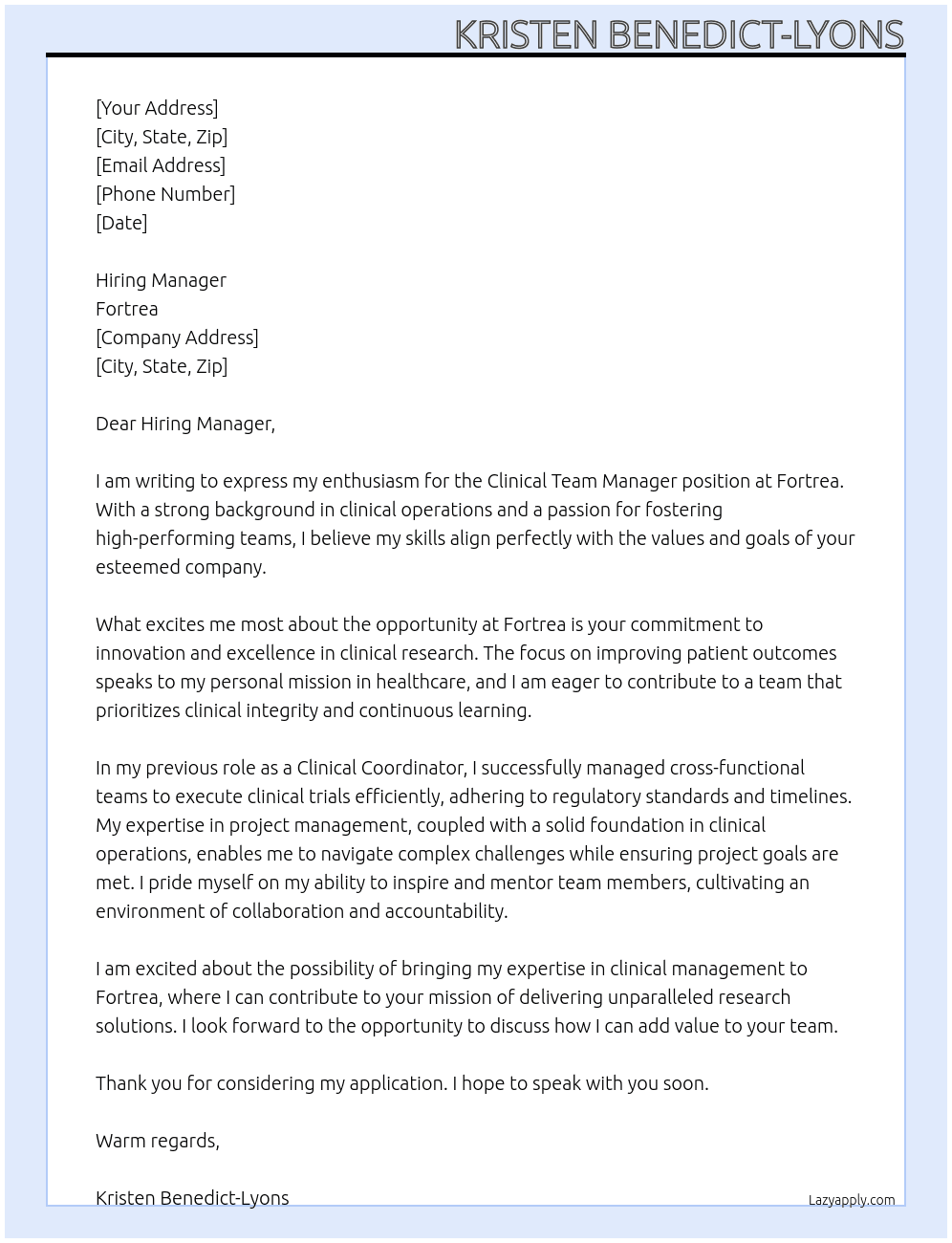 Clinical Team Manager At Fortrea Cover Letter