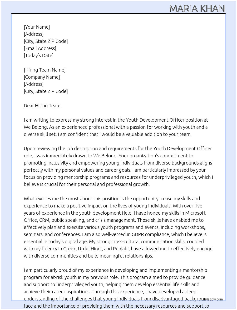 Youth Development Officer At We Belong Cover Letter