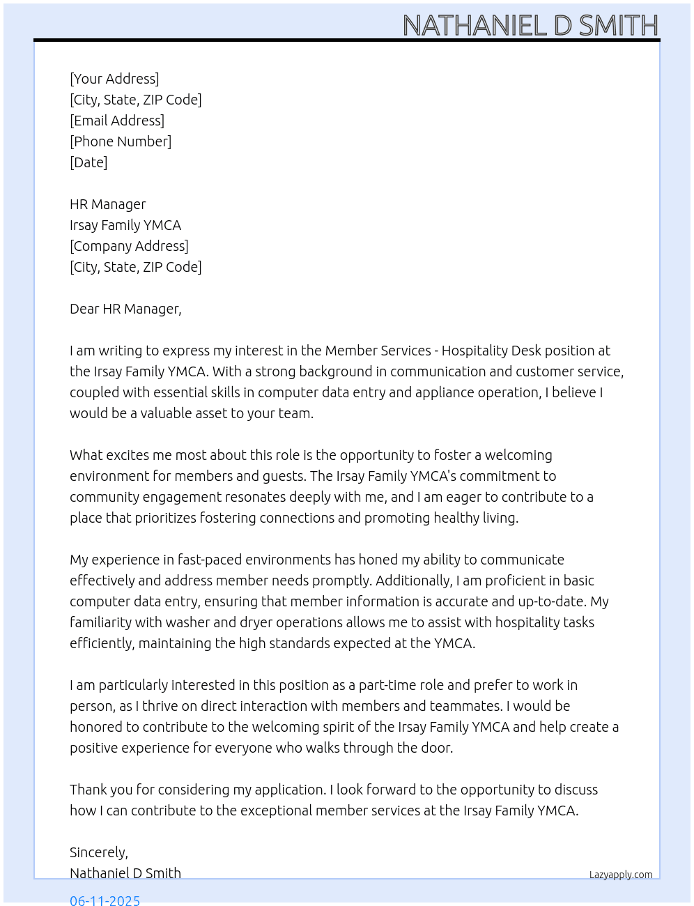 Member Services - Hospitality Desk At Irsay Family YMCA Cover Letter