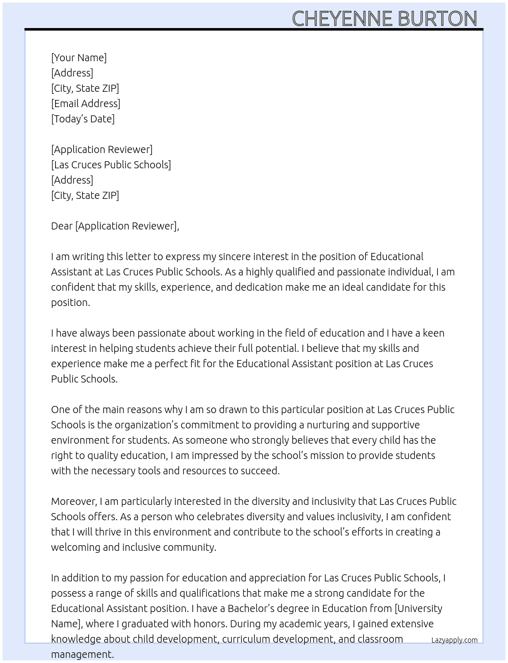 Educational Assistant  At Las Cruces Public Schools Cover Letter