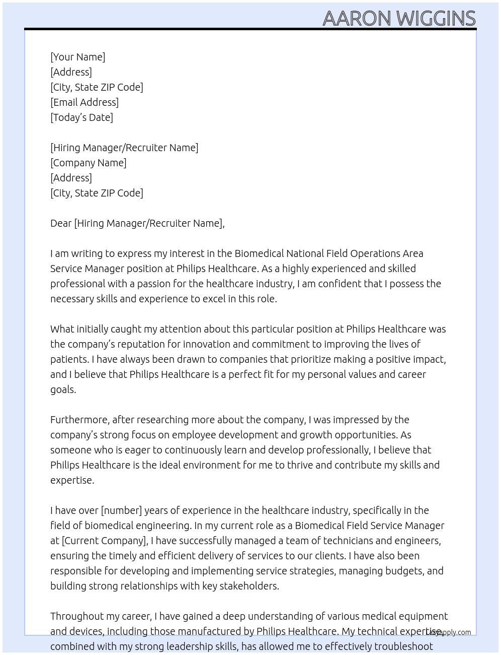 Biomedical National Field Operations Area Service Manager At Philips Healthcare Cover Letter