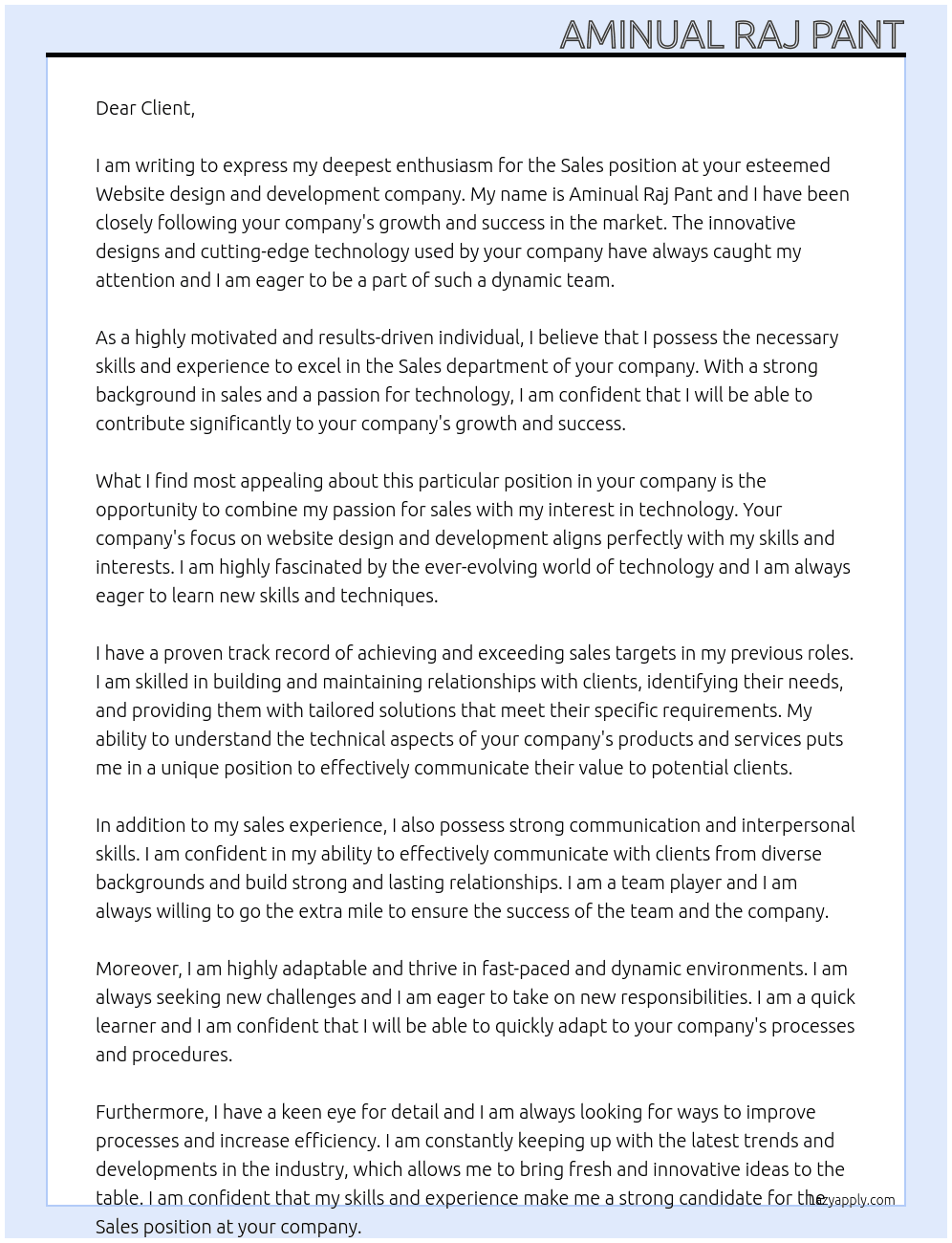 Sales At Website design and development company Cover Letter