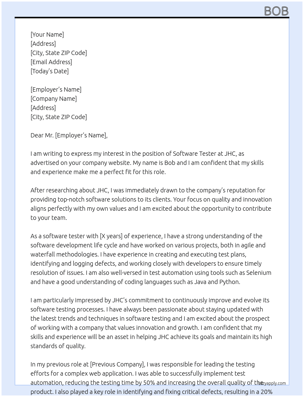 software tester At JHC Cover Letter