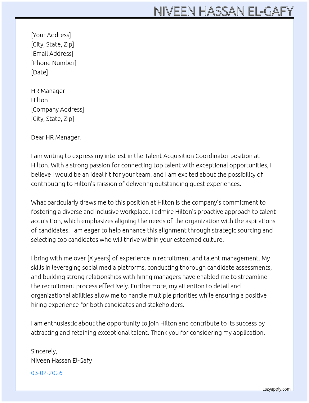 talent acquisition coordinator  At Hilton  Cover Letter