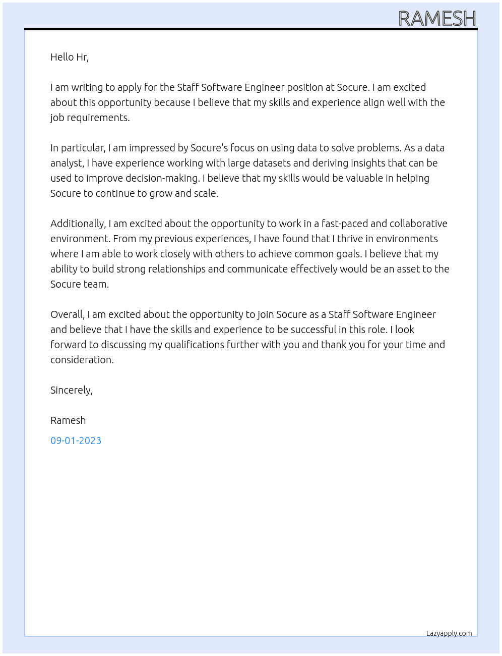 Staff software engineer  At Socure Cover Letter