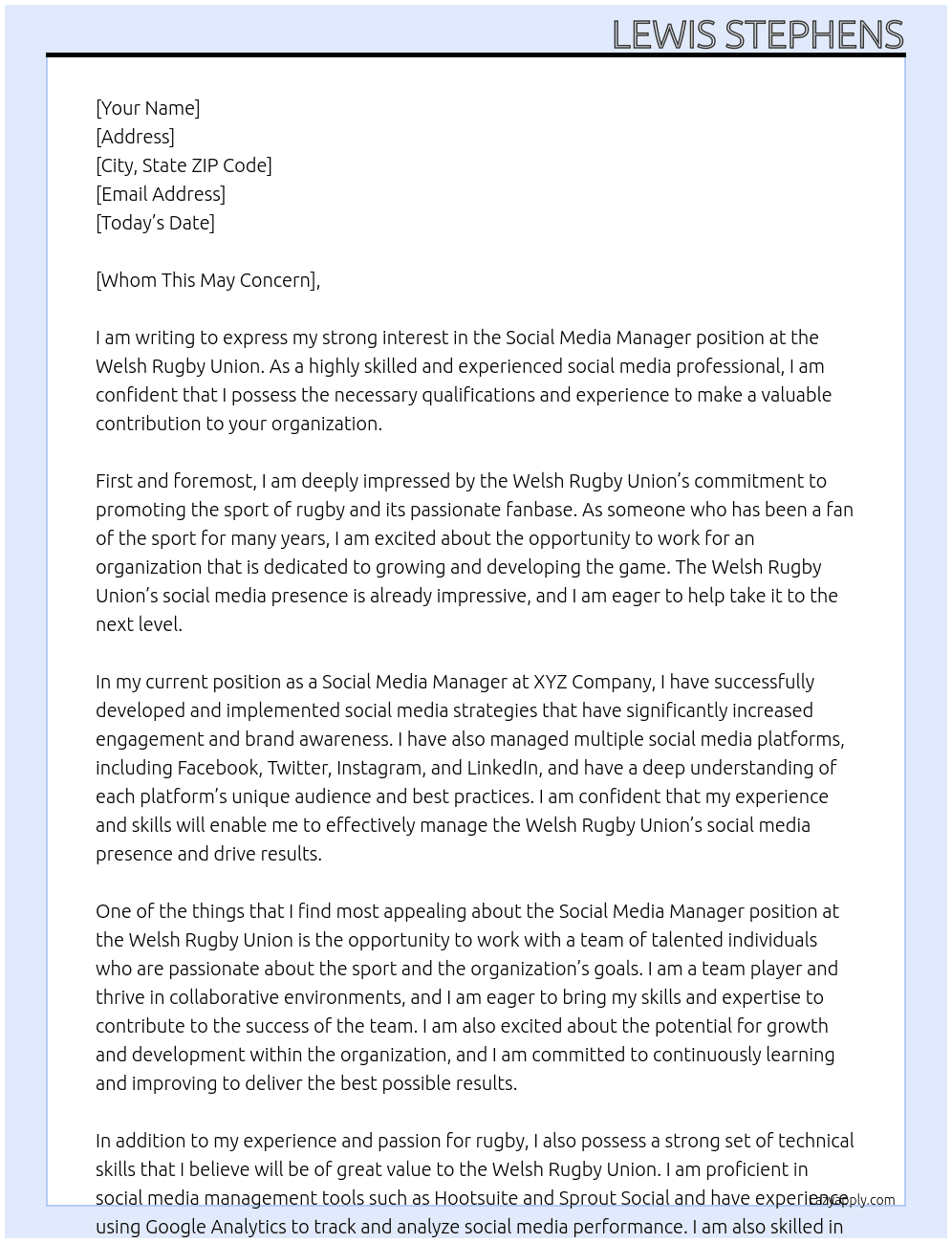 Social Media Manager At Welsh Rugby Union Cover Letter