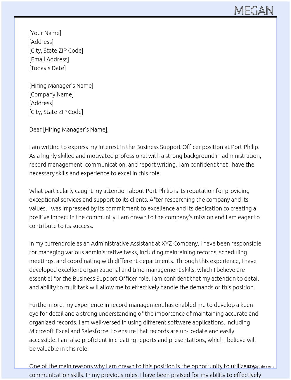 Business support officer  At Port Philip  Cover Letter