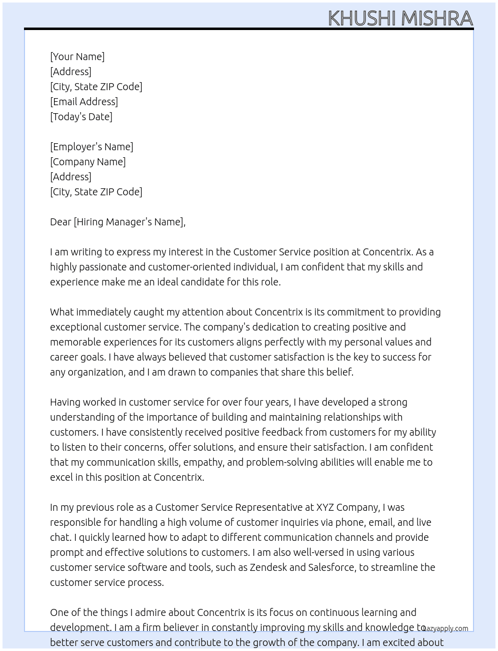 customer service At concentrix Cover Letter