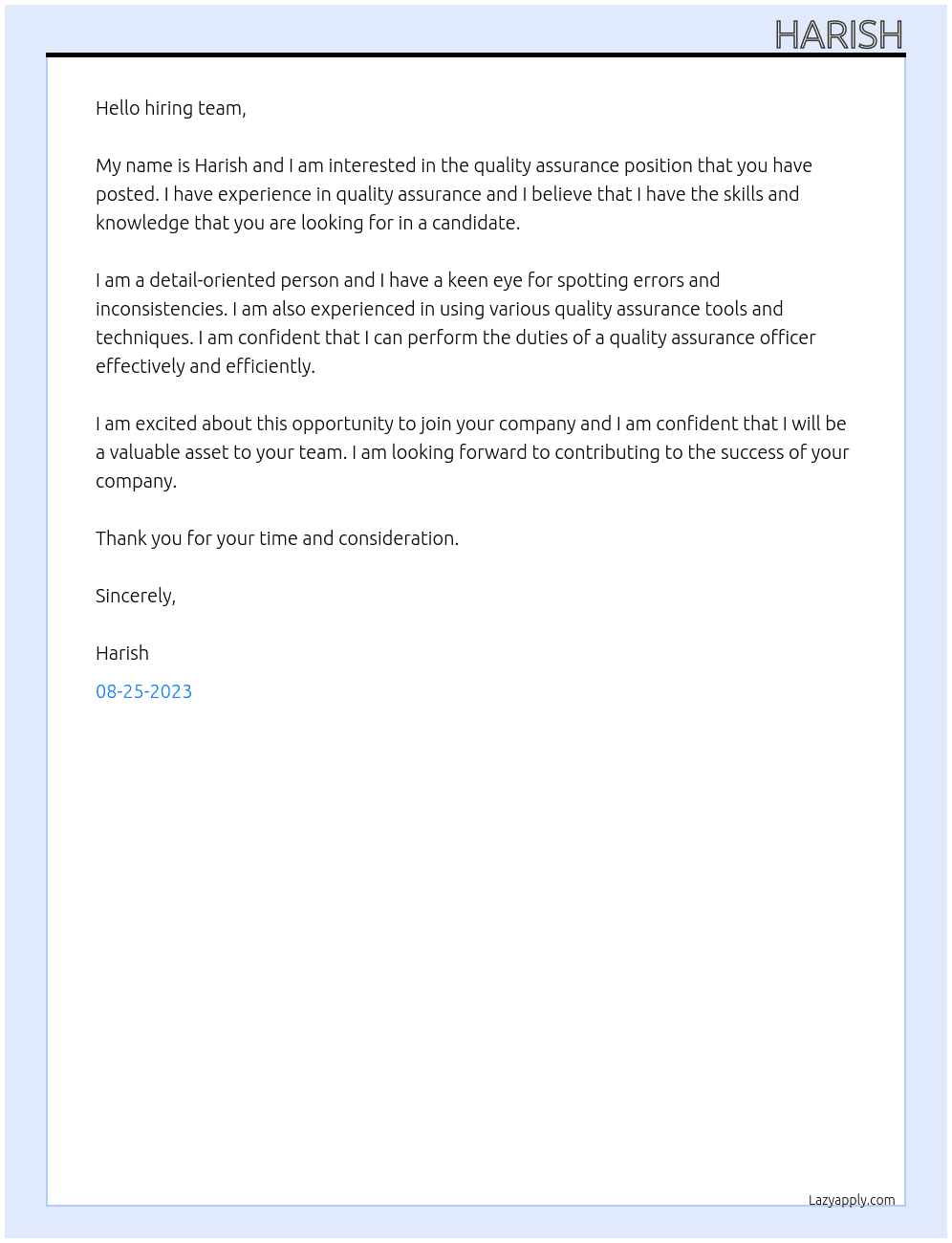 quality assurance At . Cover Letter
