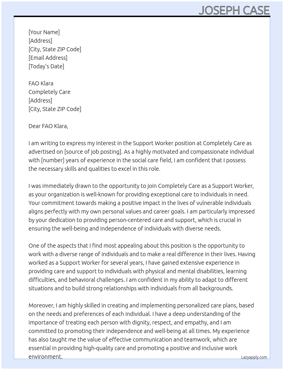 Support Worker At Completely Care Cover Letter