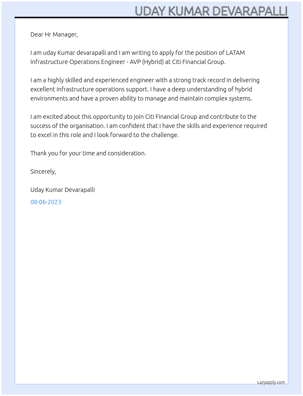 LATAM Infrastructure Operations Engineer - AVP (Hybrid) At Citi Financial Group Cover Letter