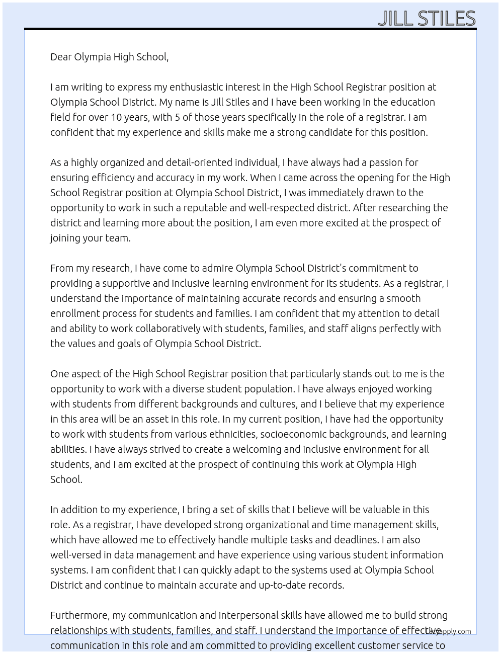 High School Registrar At Olympia School District Cover Letter