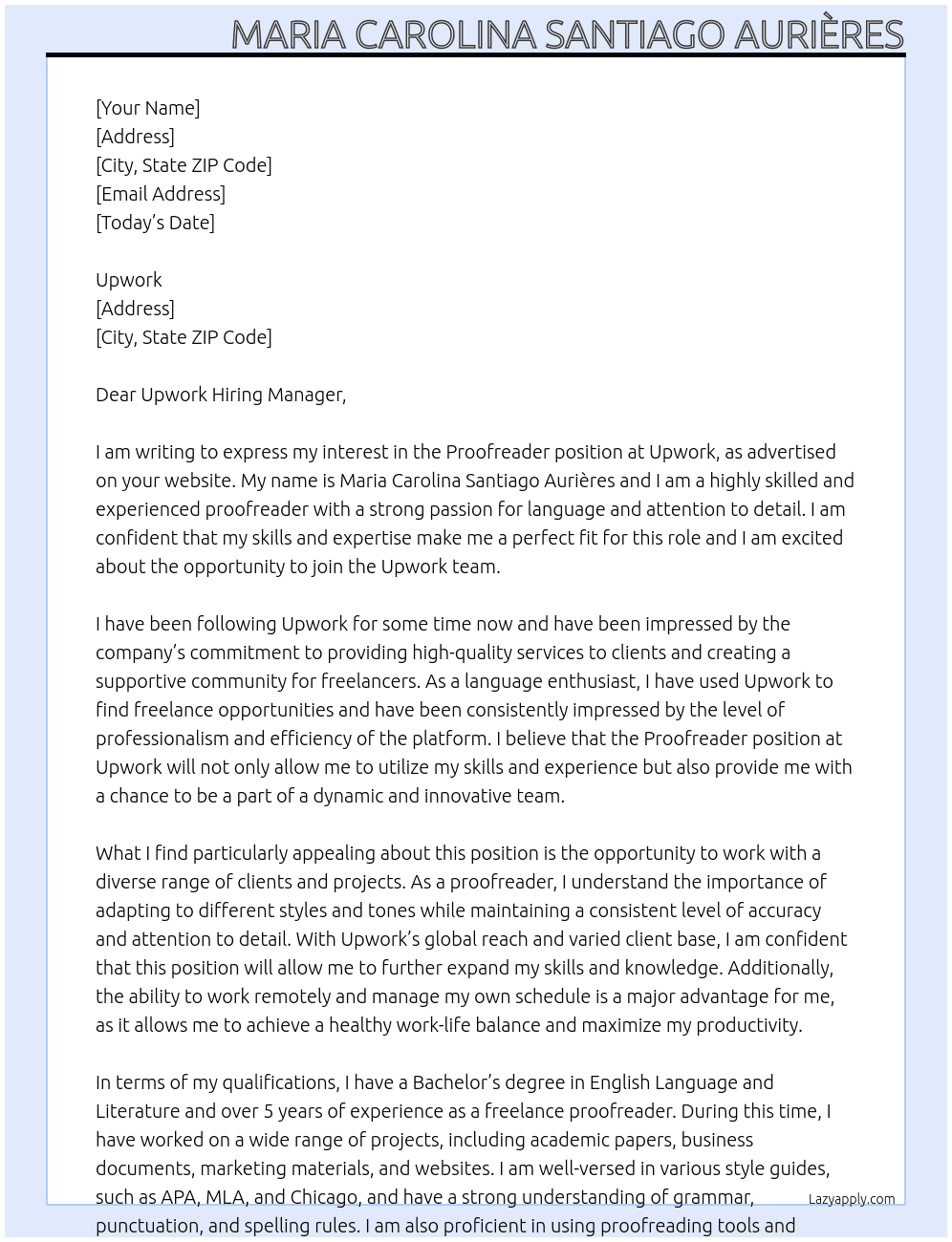 proofreader At UPWORK Cover Letter