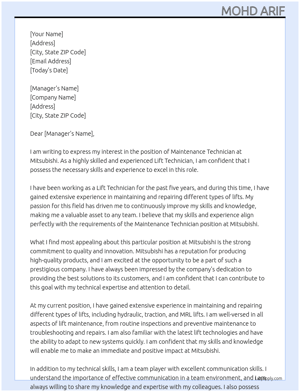 Maintanence Technician  At Mitsubishi  Cover Letter