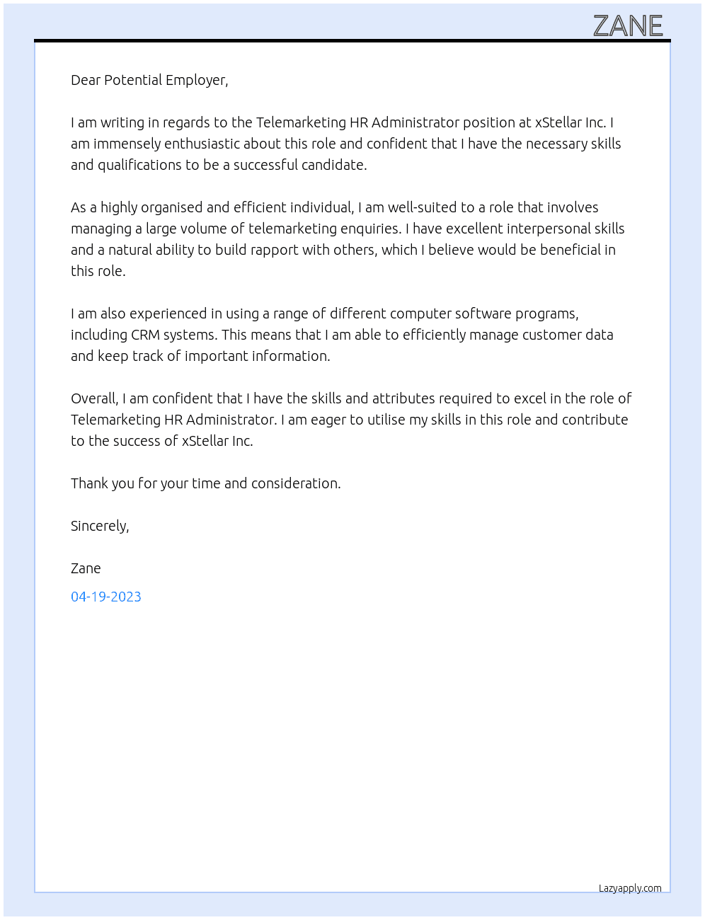 Telemarketing HR Administrator  At xStellar Inc.  Cover Letter