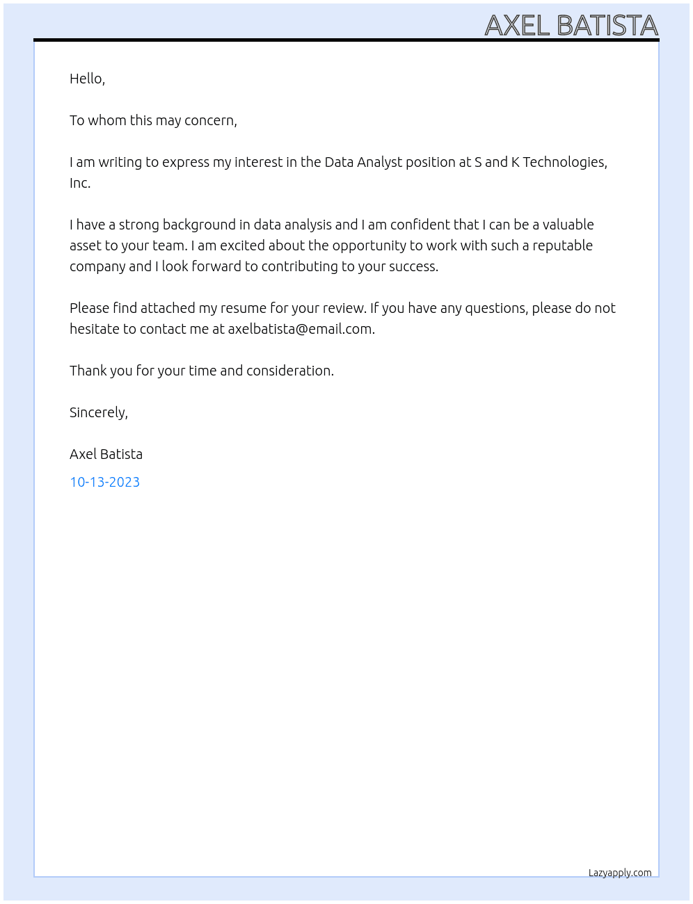 Data Analyst At S and K Technologies, Inc Cover Letter