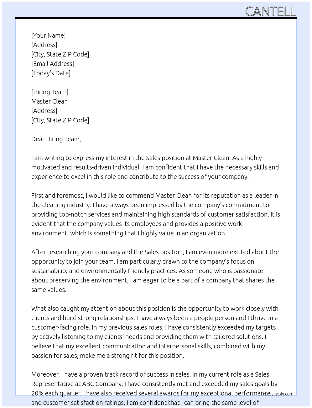 sales  At Master Clean Cover Letter