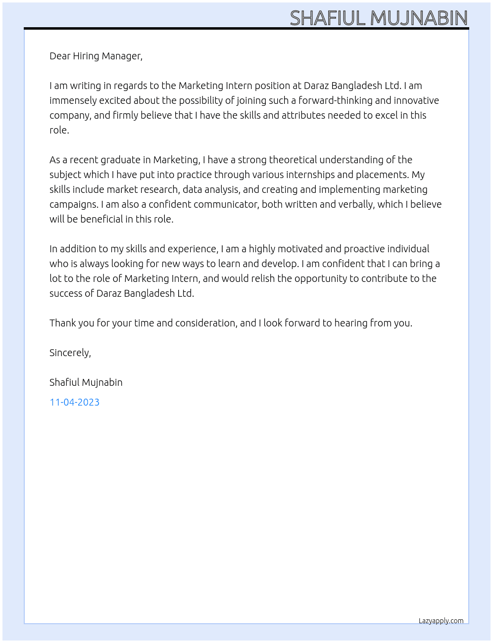Marketing Intern At Daraz Bangladesh Ltd. Cover Letter