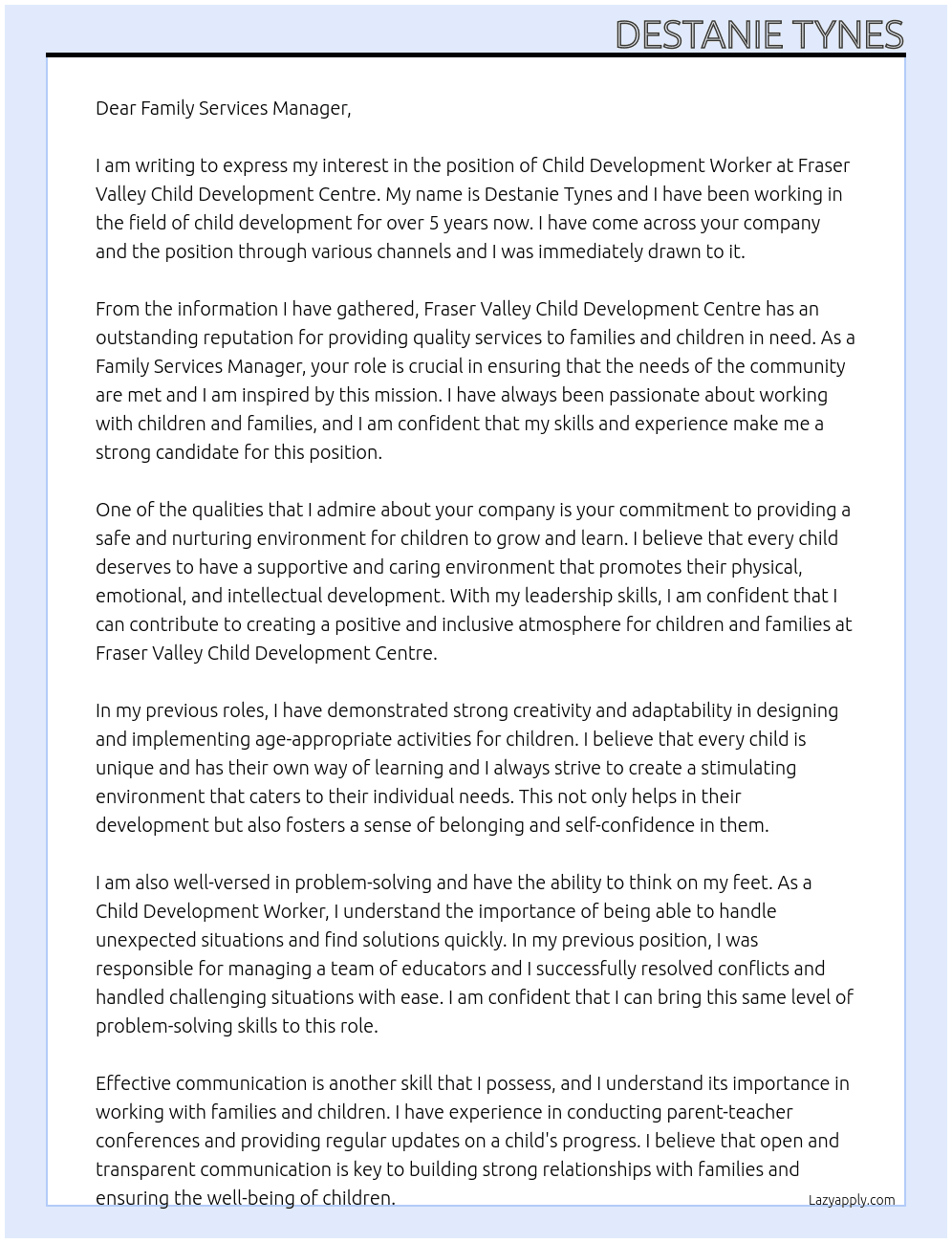 Child Development Worker At Fraser Valley Child Development Centre Cover Letter
