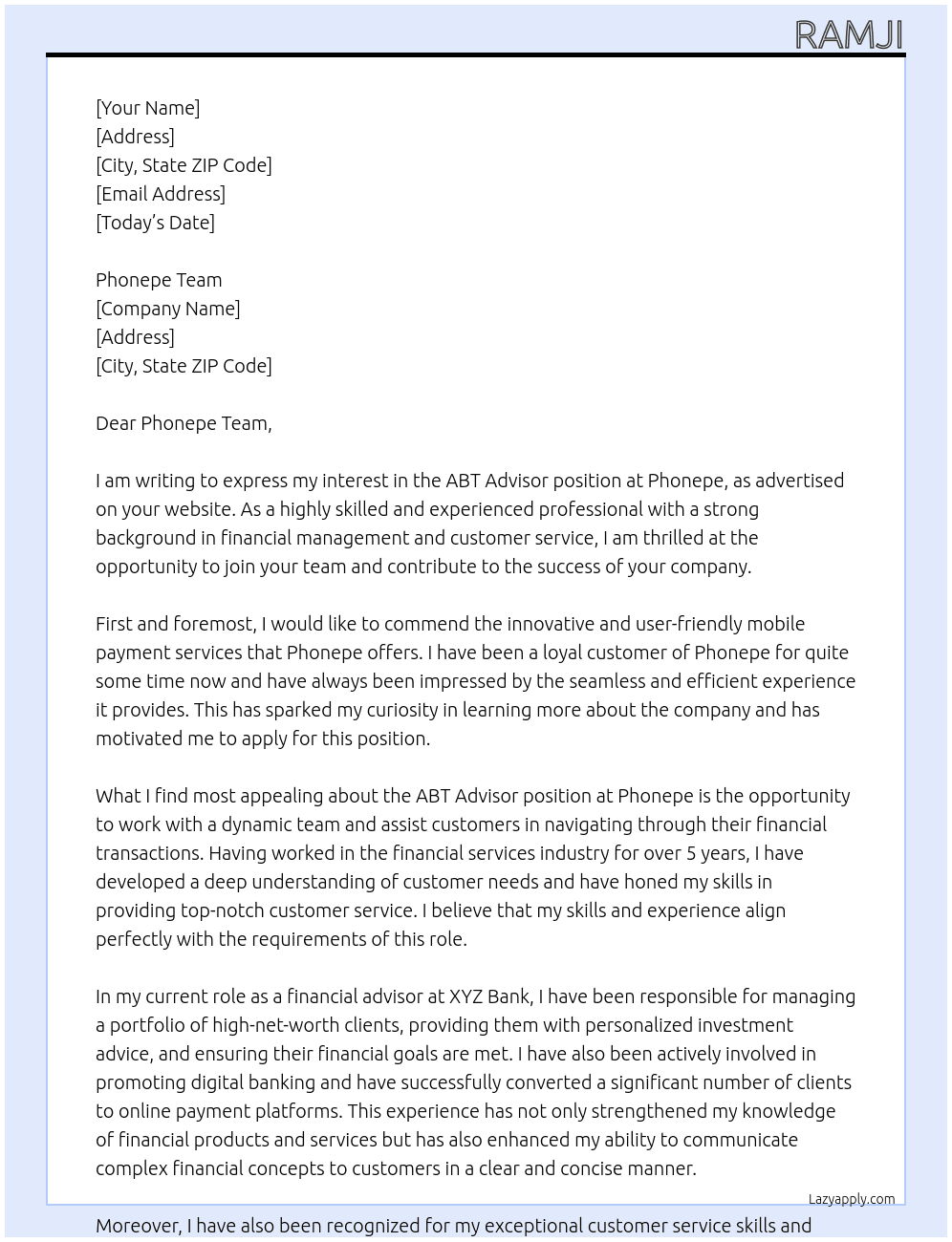 Cover letter for abt advisor - LazyApply