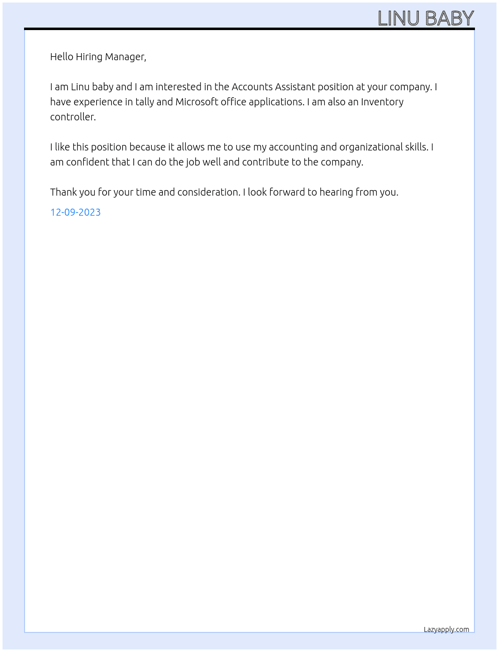 Accounts Assistant At N/A Cover Letter