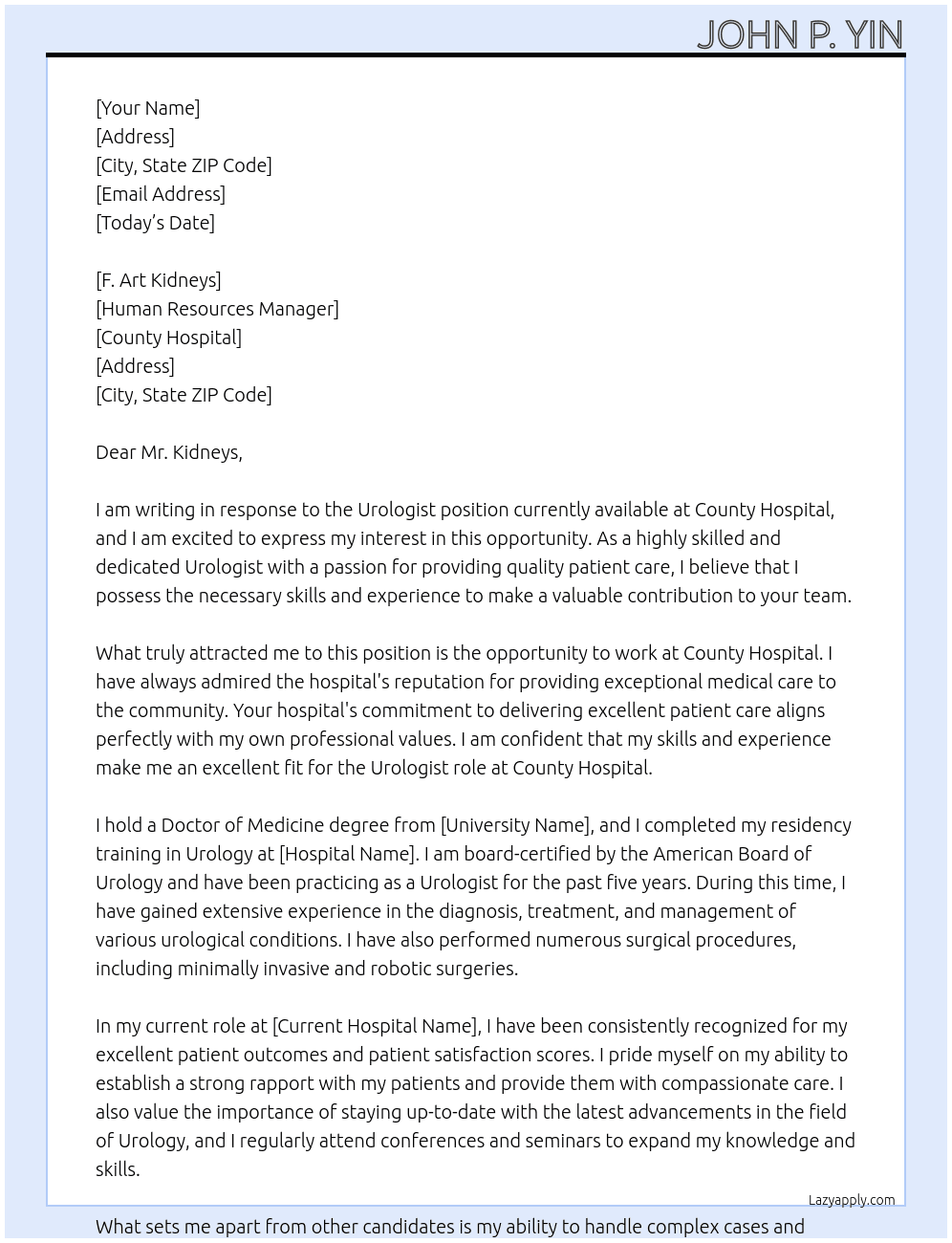 Urologist At County Hospital  Cover Letter