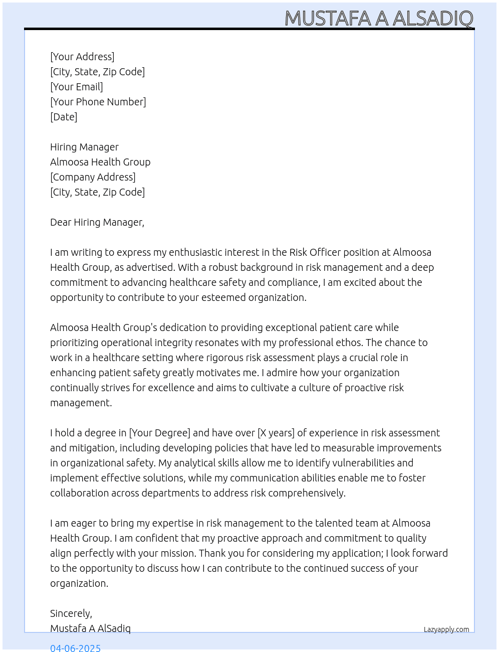 Risk officer At Almoosa Health Group Cover Letter