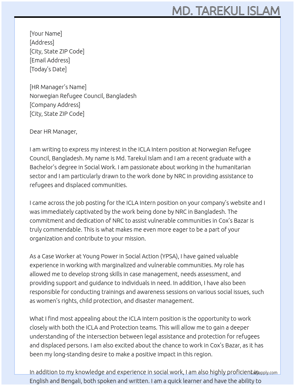 ICLA Intern At Norwegian Refugee Council, Bangladesh Cover Letter