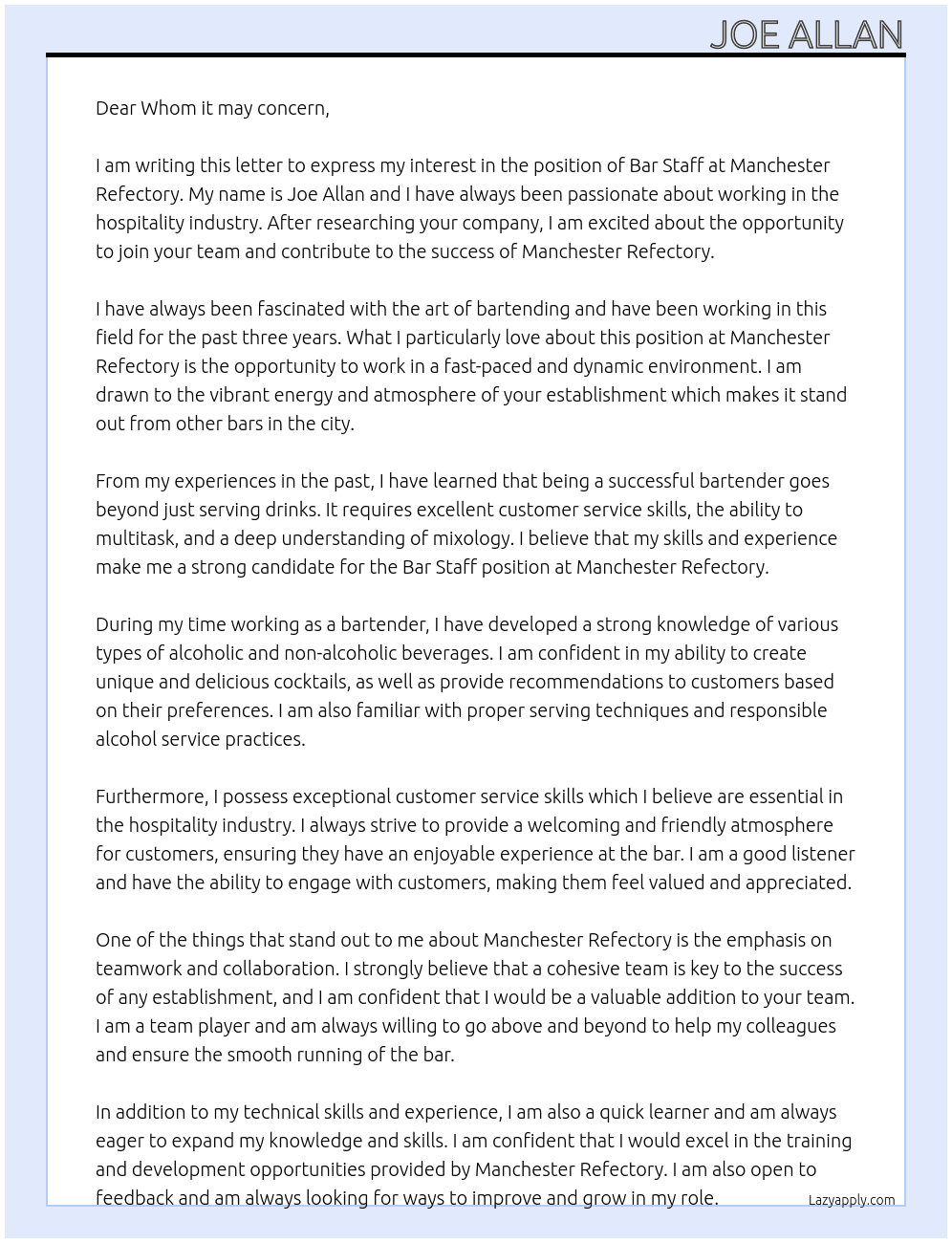 Bar Staff At Manchester Refectory Cover Letter