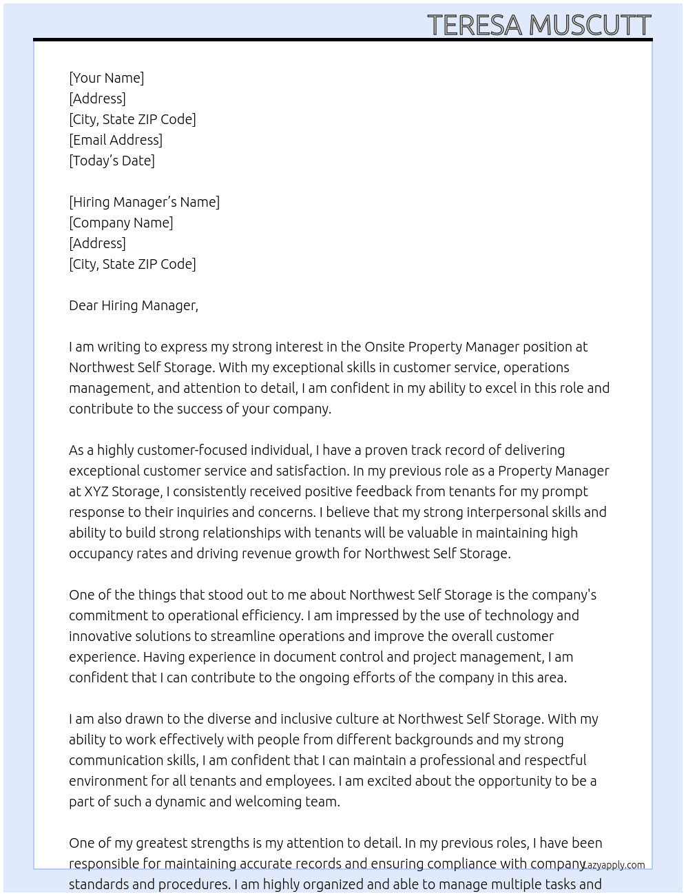 Cover letter for onsite property manager - LazyApply