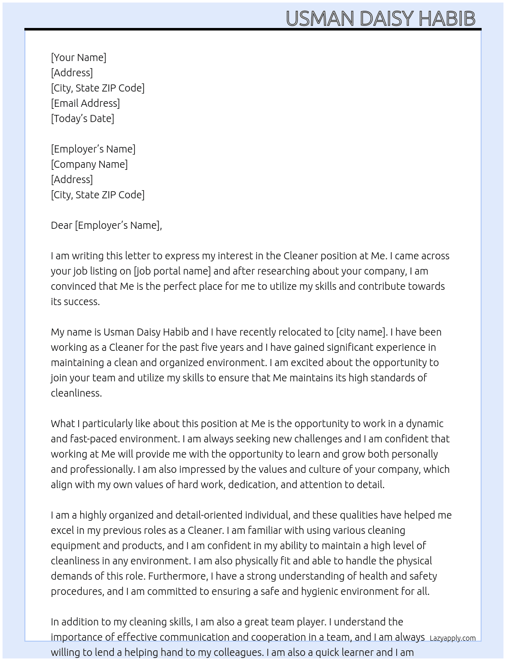 Cleaner At Me Cover Letter