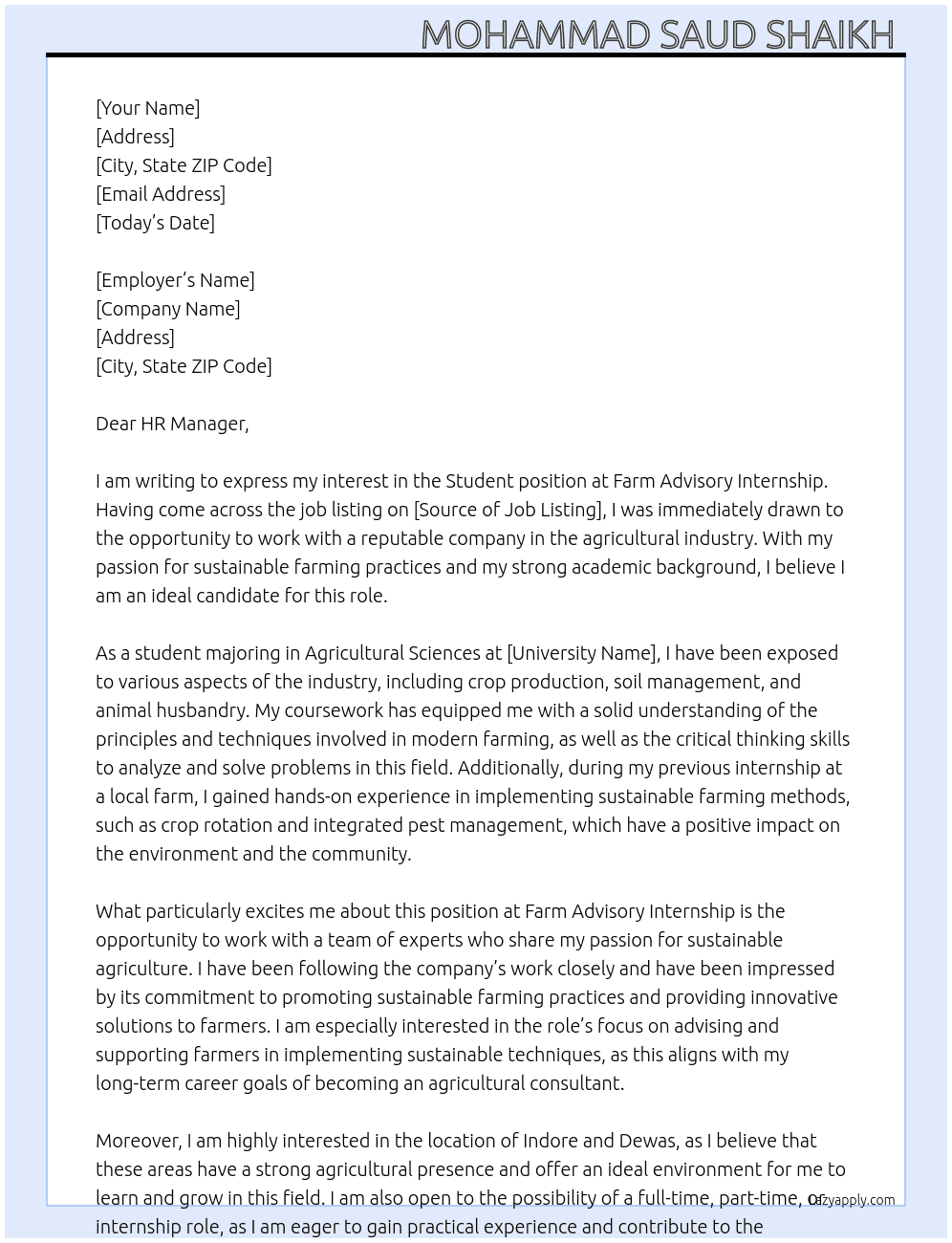 Student  At Farm Advisory Internship Cover Letter