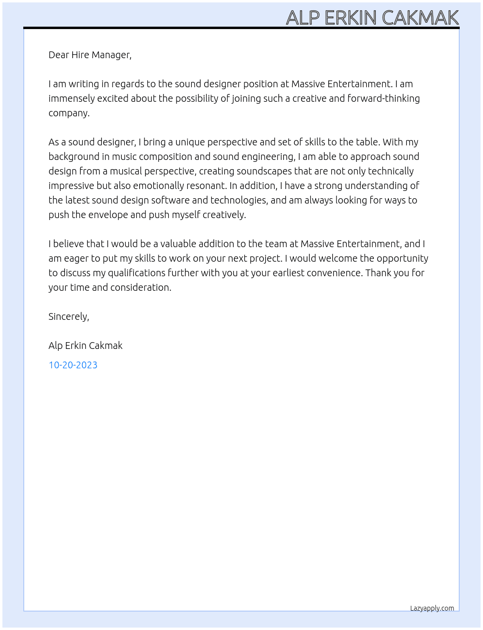 Sound Designer At Massive Entertainment Cover Letter