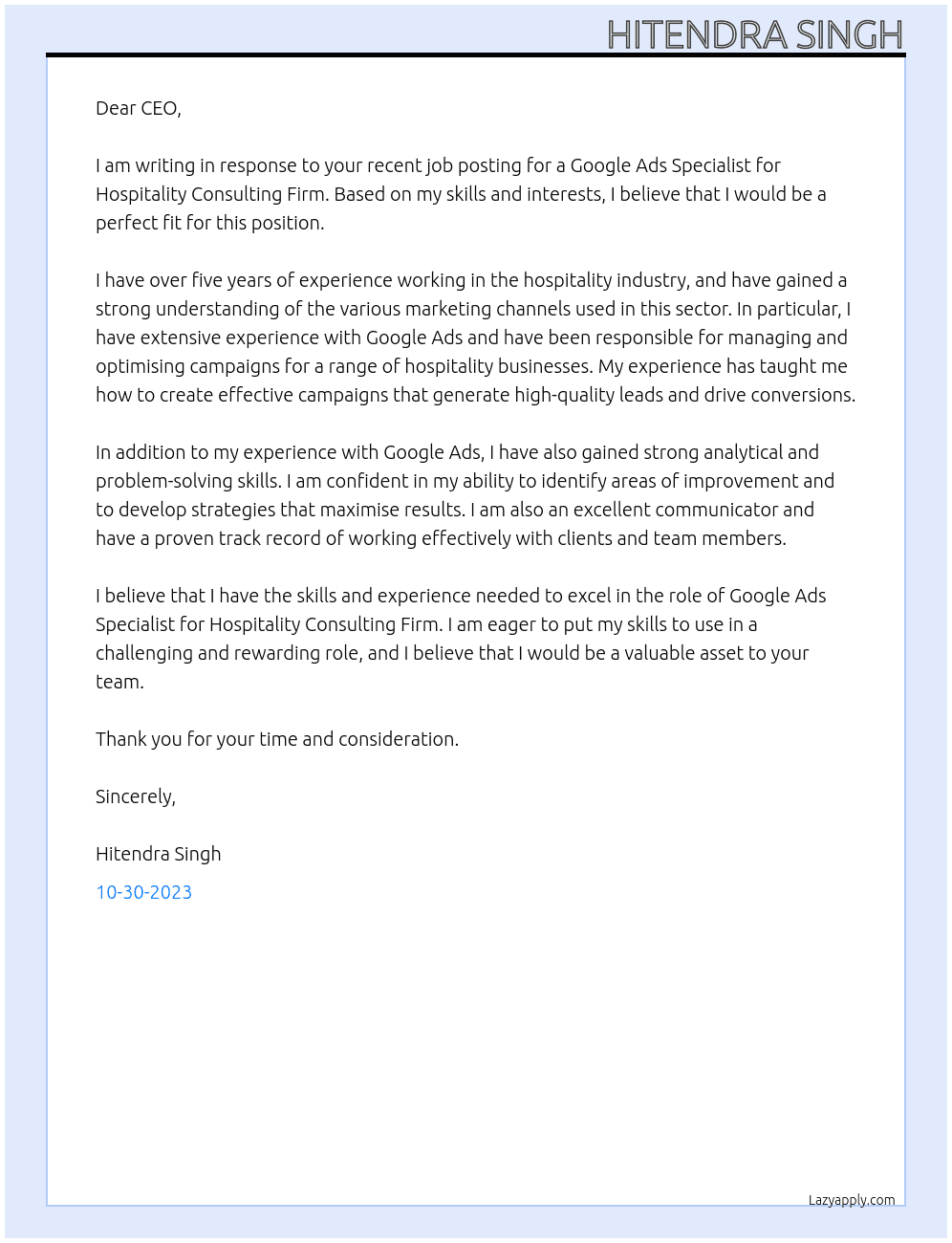 Google Ads Specialist for Hospitality Consulting Firm At Hospitality Consulting Firm Cover Letter