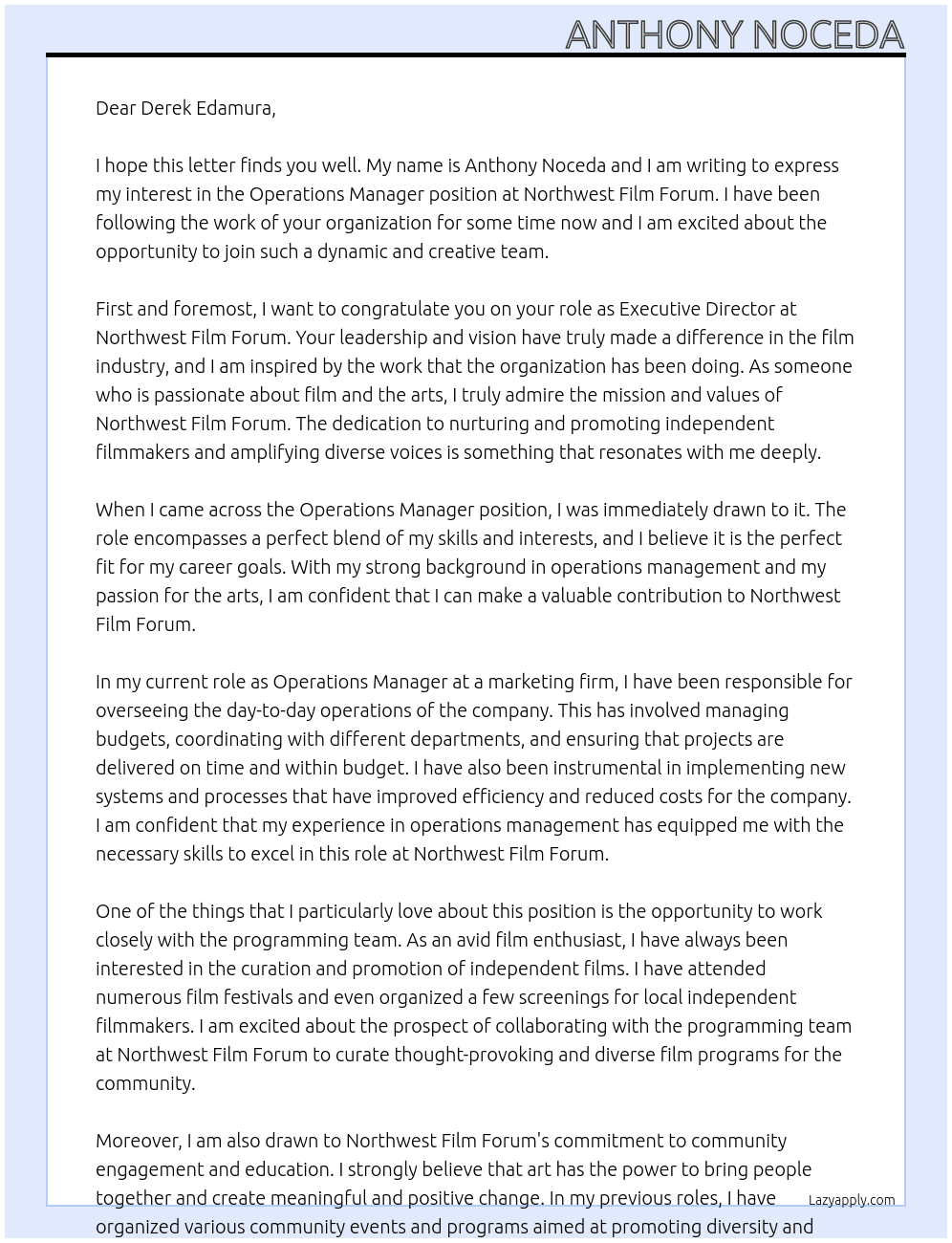 Operations Manager At Northwest Film Forum Cover Letter