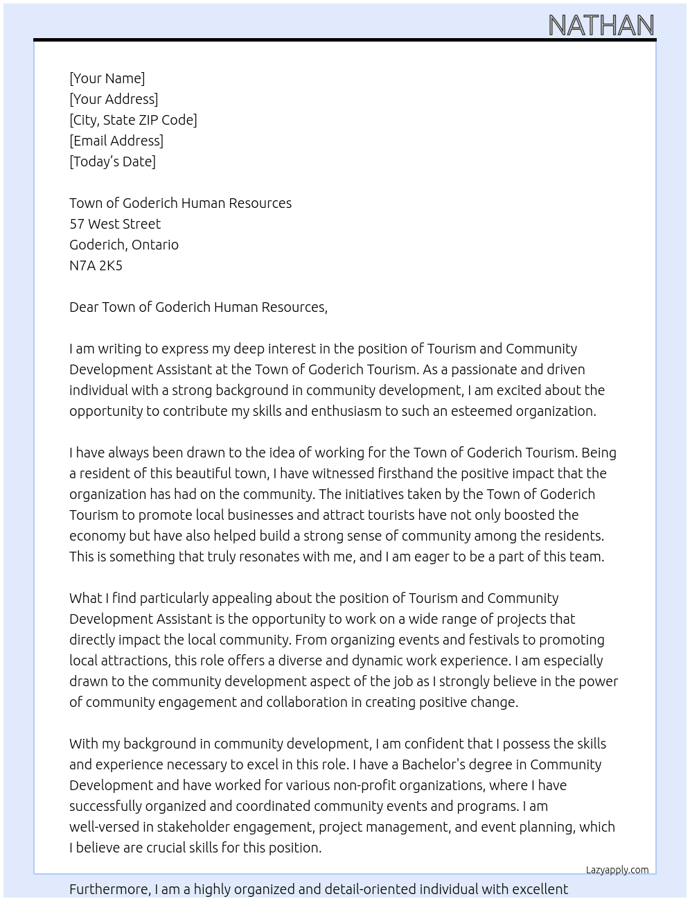Tourism and Community Development Assistant At Town of Goderich Tourism Cover Letter